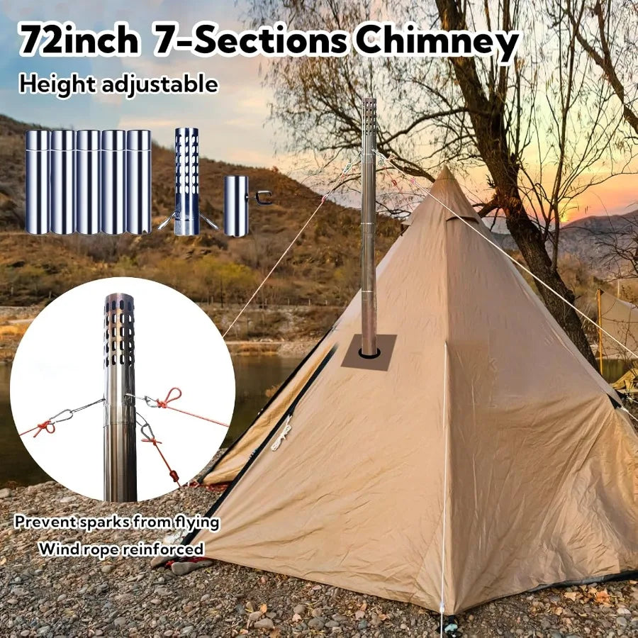 Portable Folding Wood Burning Stove for Tent Camping Heating Outdoor Cooking and Courtyard Use with Chimney Pipes and Spark Arr