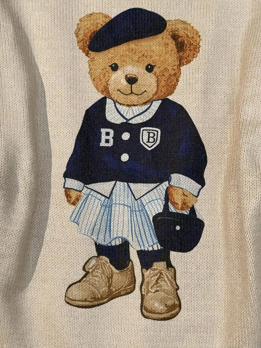 Navy Blue Collegiate Bear Print Pullover Sweater for Women, Autumn Winter Casual Style