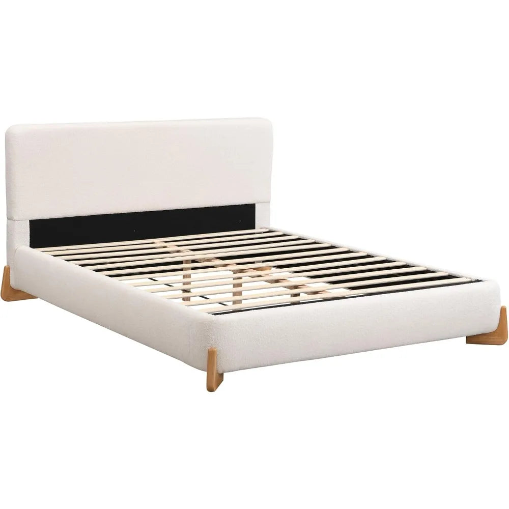 Merax King Bed Frame and Headboard, Boucle Upholstered Bed Platform Bedframe, No Box Spring Required, Noise Free, White