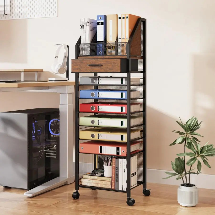 9Tier Rolling File Cart Paper Organizer with Drawer and Trays, Wood Desk Office Organizer, Office Organization and Binder Storag