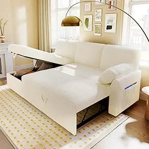 2-in-1 Convertible Sofa Bed with Storage Chaise, White Sherpa Fabric, 84 x 59 x 39 for Living Room