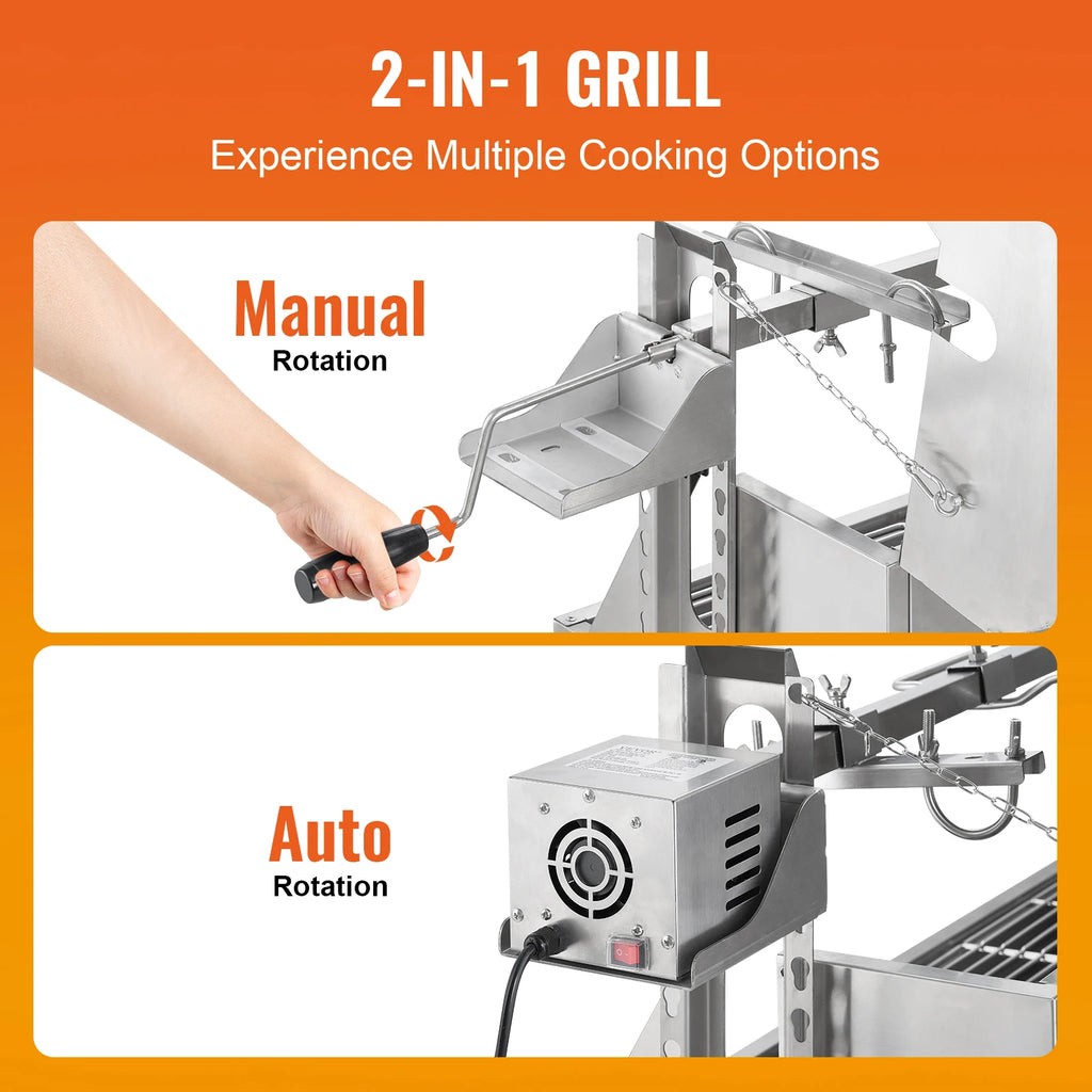SucceBuy Rotisserie Grill with Hooded Cover BBQ Whole Pig Lamb Goat Charcoal Spit Grill Electric Motor Stainless Steel Roaster