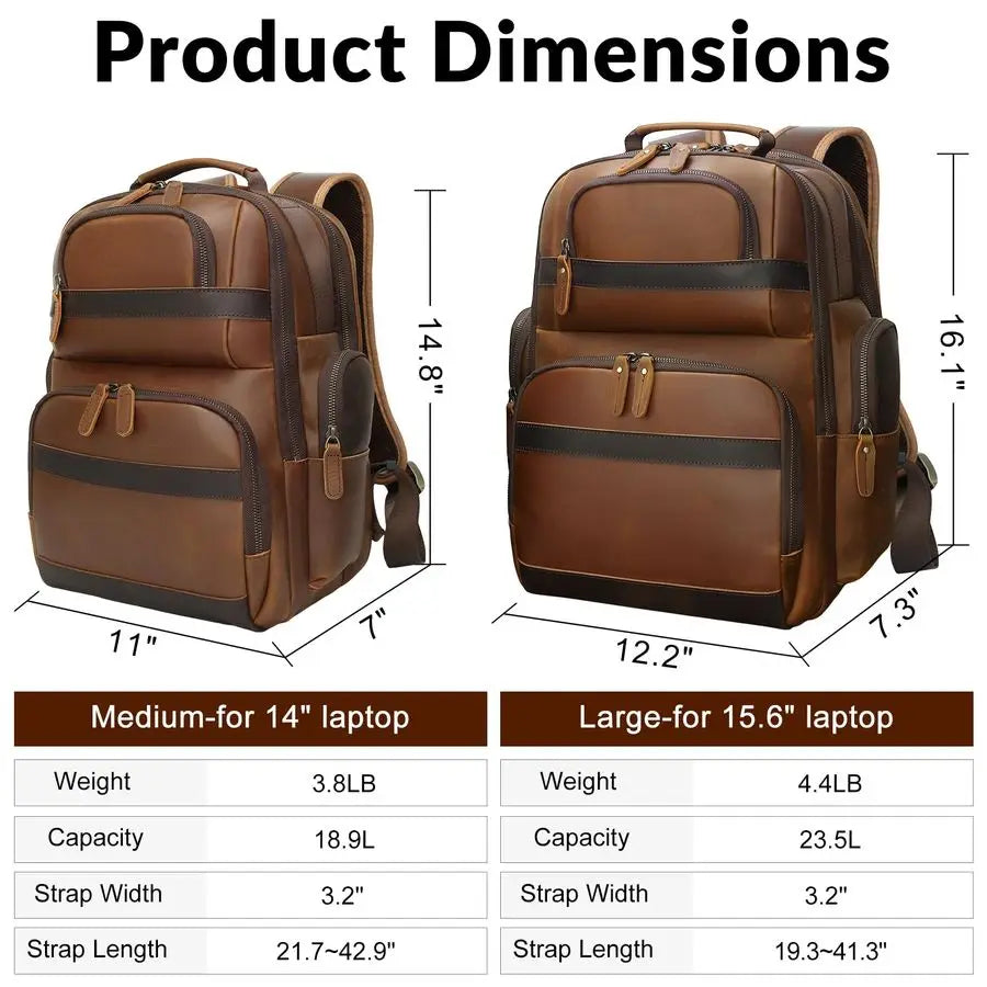 Mens Vintage Leather Backpack 15.6 Laptop Bag Large Capacity Business Travel Hiking Shoulder Daypacks