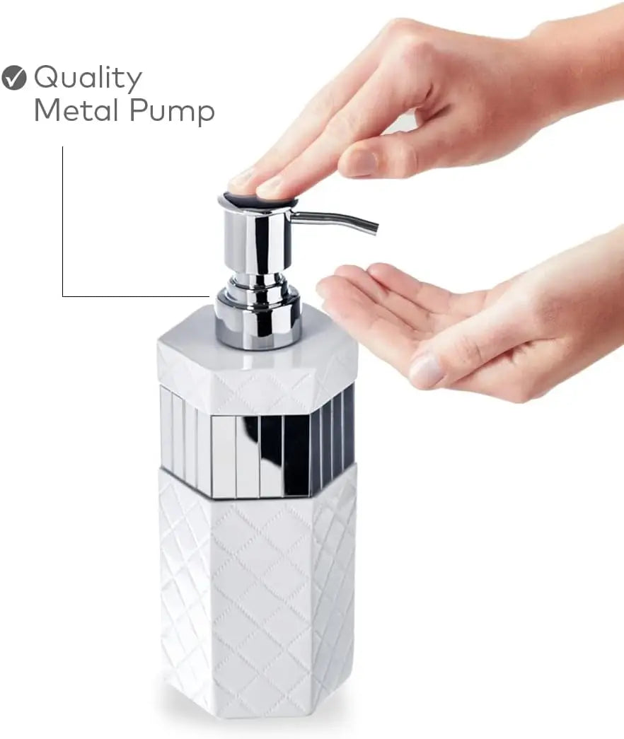 Elegant Quilted Mirror White Bathroom Set - 6-Piece Accessories with Trash Can, Tissue Box, Soap Dispenser, Holder & More