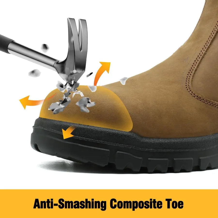 on Work Boots for Men Women Composite Toe Comfort Leather Abrasion Puncture Slip Resistant Sole Safety Chelsea