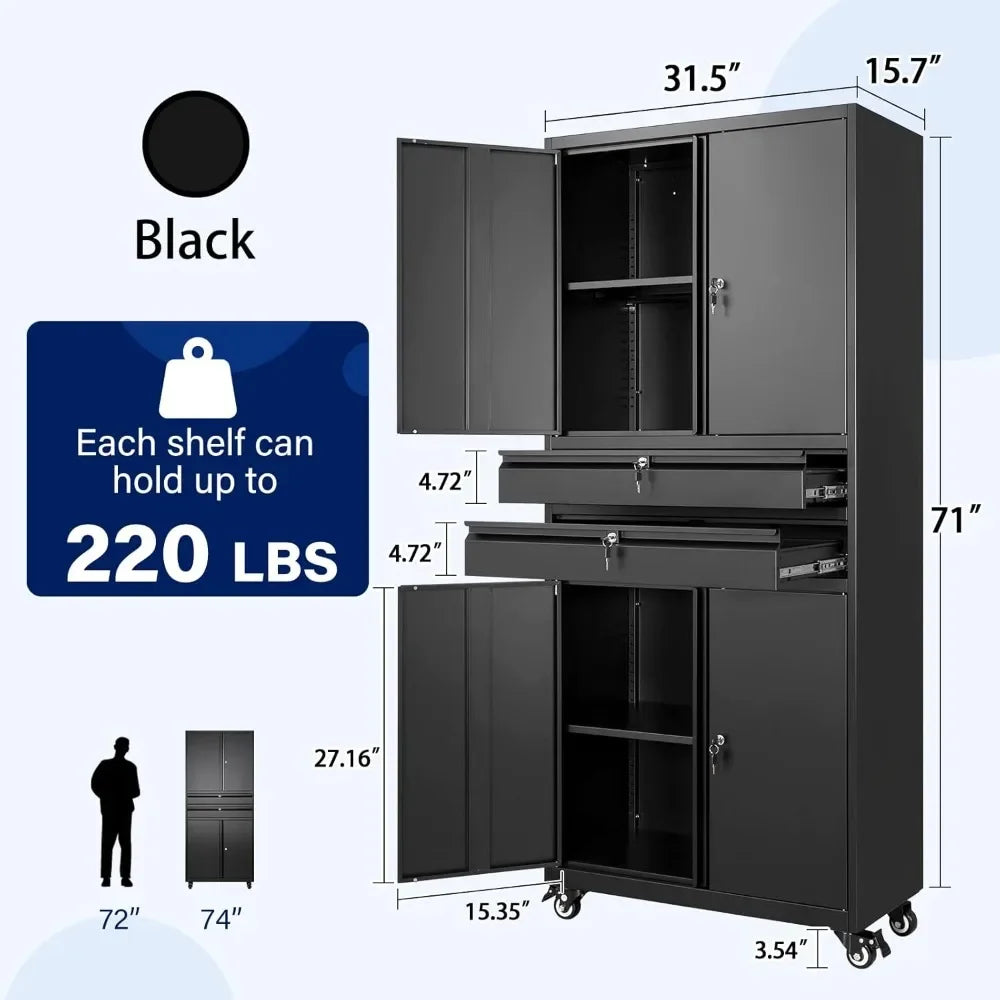 Metal Garage Storage Cabinet with Locking Doors and Adjustable Shelves, Rolling Tool Storage Cabinet with 4 Wheels and 2 Drawer
