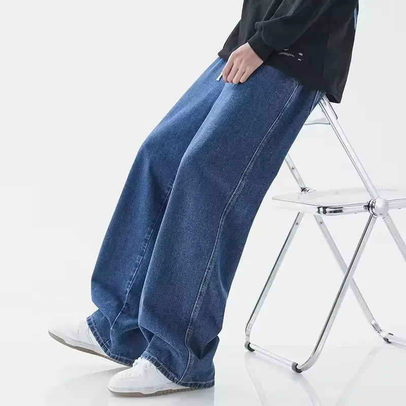 2024 New Streetwear Loose Jeans Men Korean Style Fashion Loose Straight Wide Leg Pants Men's Brand Clothing Black Light Blue