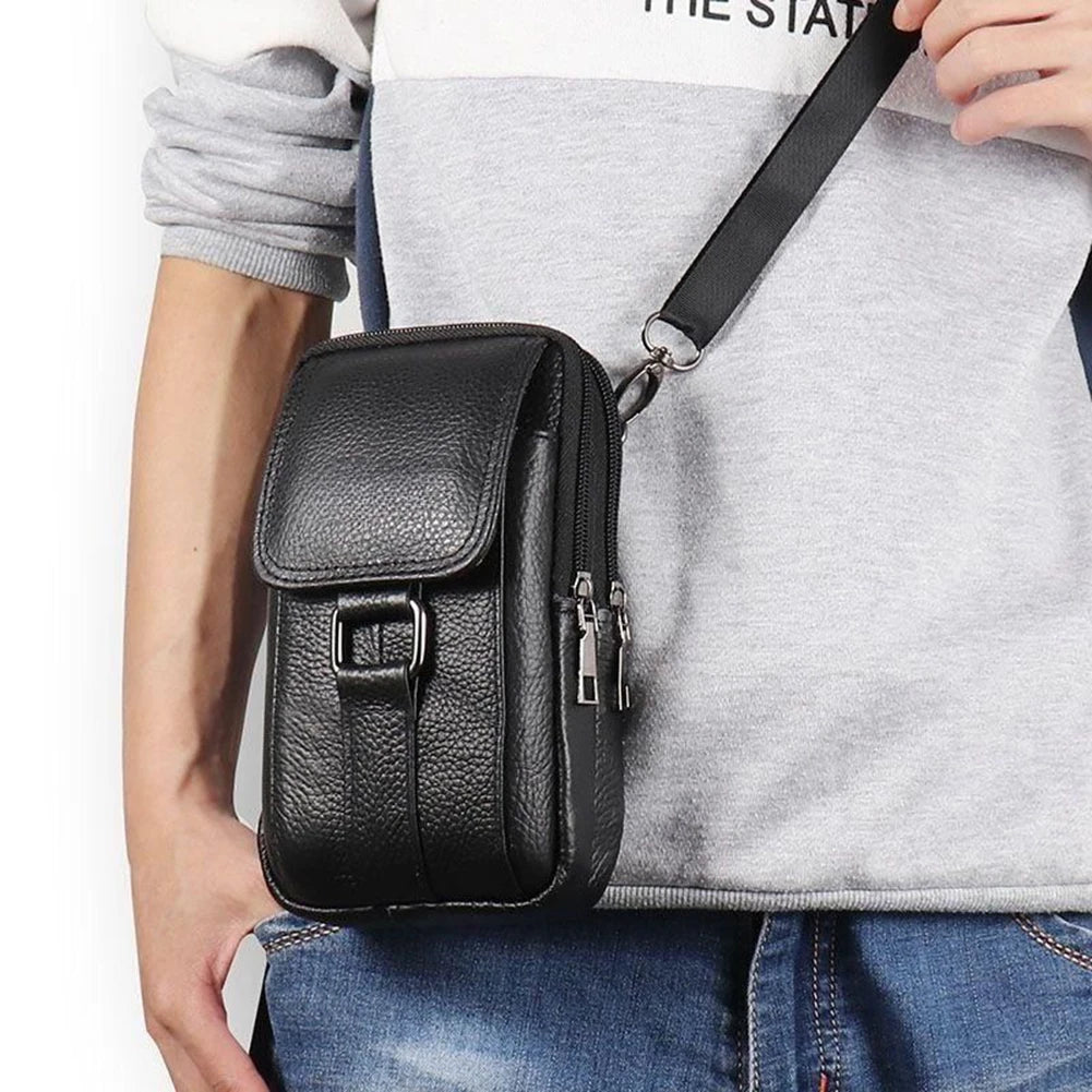 Portable Belt Pouch Purse Cowhide Leather Fanny Pack Waist Bag Fashion Simple Multi-pockets Casual for Outdoor Sport