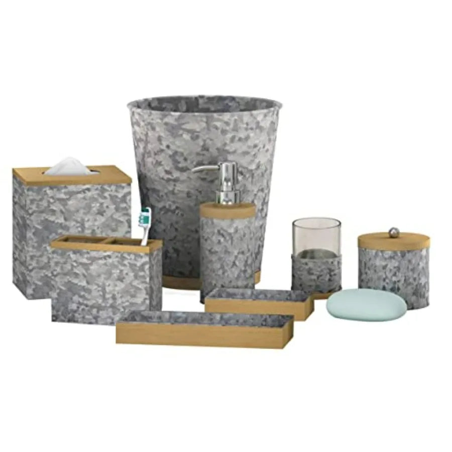 Bath Accessory Set in Galvanized Steel and Wood with Confetti Design Set of 7 : Includes Q-tip Jar Soap Dish Toothbrush Holder