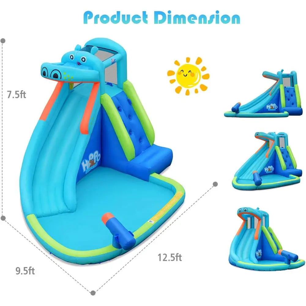 Hippo-Themed Inflatable Water Park with Slide, Climbing, Splash Pool for Kids' Outdoor Fun