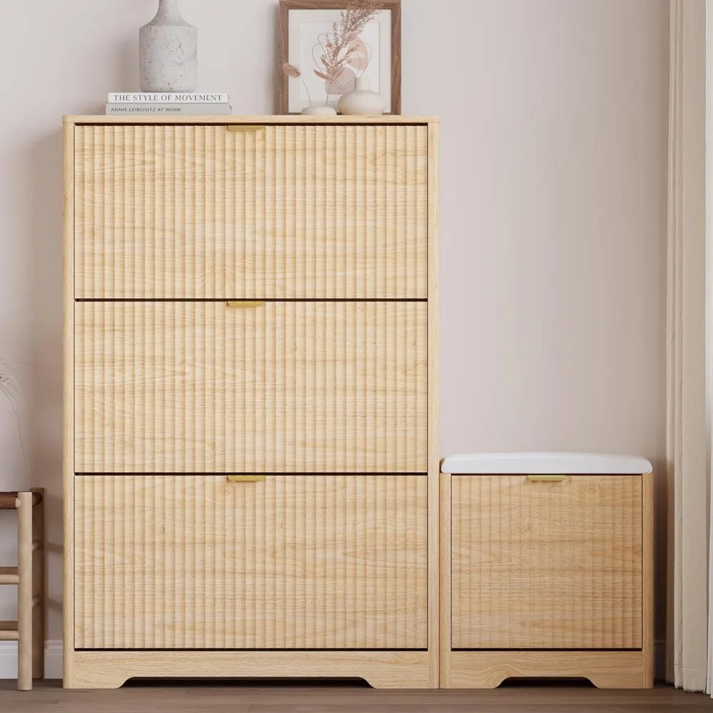 slim shoe cabinet with bench for entryway, hidden storage and adjustable shelves, free standing wooden shoes organizer for foyer
