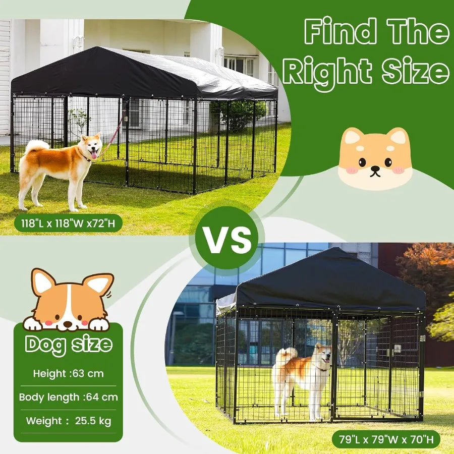 Large Outdoor Dog Enclosure Heavy Duty Dog Cage with Roof Galvanized Steel Dog Kennel Fence with Double Safety Locks 79W x 79D