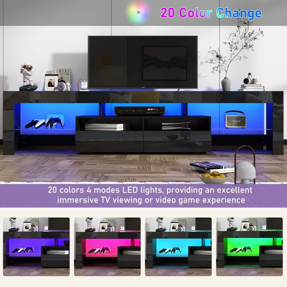 LED TV Stand for 90/100 inch TV, High Glossy Modern Entertainment Center with Drawer and Led Lights, Television Table