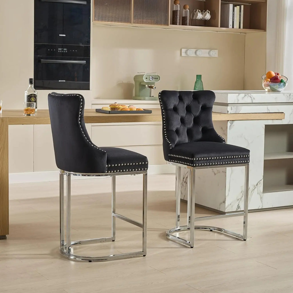 26” Velvet Upholstered Bar Stools Set of 4, Counter Height Bar Chairs with Button Back, Nailhead Rivet Trim, Chrome, Customized