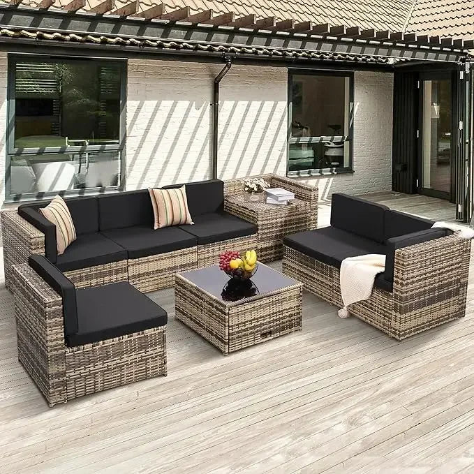 8-piece Outdoor Rattan Patio Furniture Segmented Set, Glass-topped Table with Hidden Storage, Grey Rattan with Blue Padded Mats