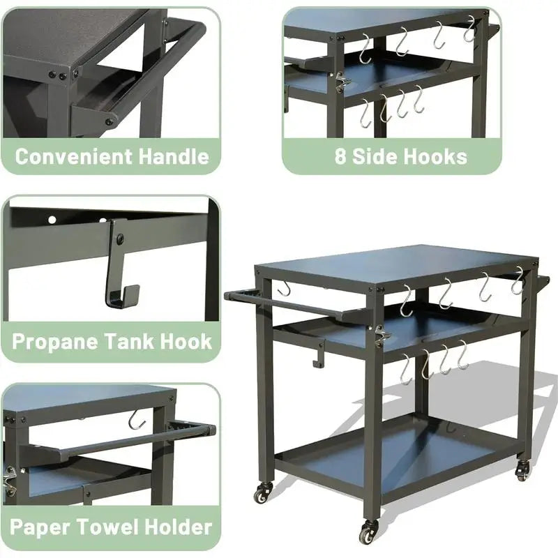 3-Shelf Outdoor Grill Table with Wheels, Portable Grill Cart, Outdoor Pizza Oven Prep Table, BBQ Stand with Propane Tank Hook,