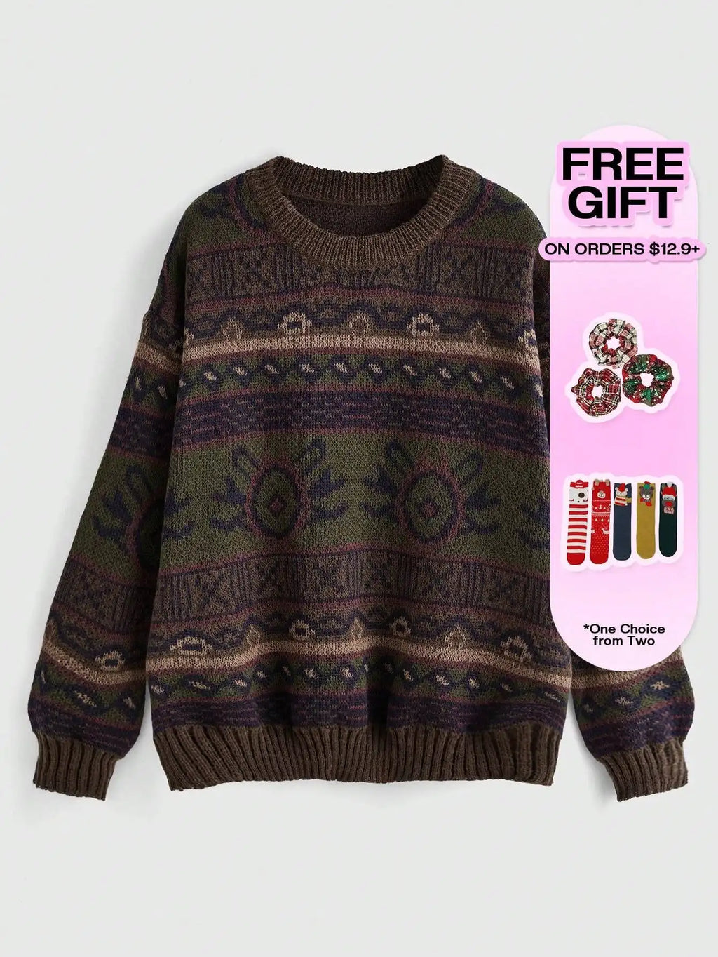 Boho Geo Pattern Drop Shoulder Knit Sweater for Women, Long Sleeve Fall Winter Top