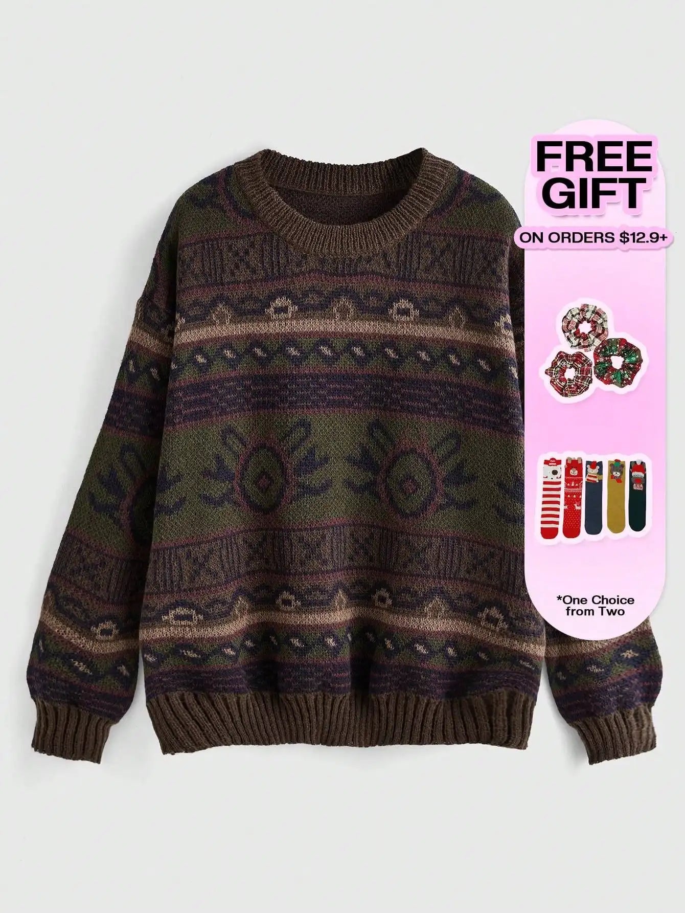 Boho Geo Pattern Drop Shoulder Knit Sweater for Women, Long Sleeve Fall Winter Top