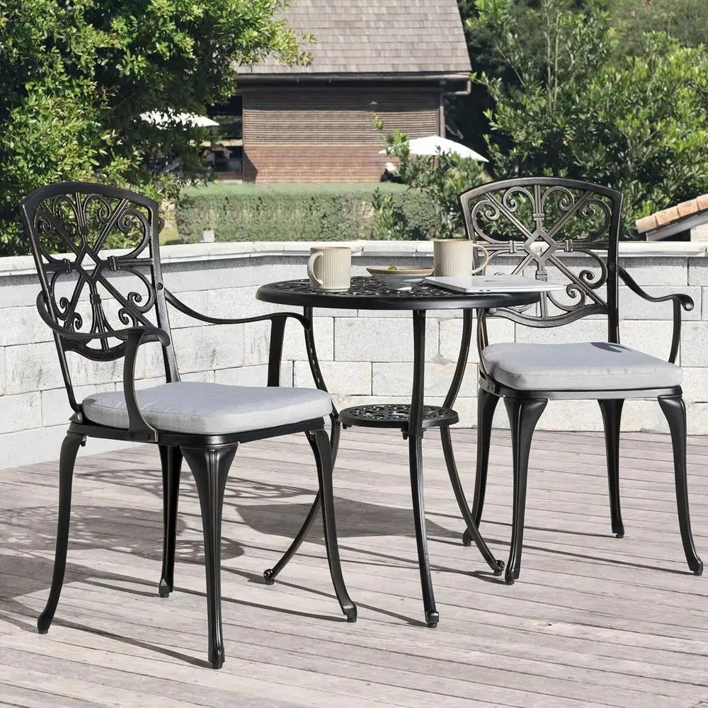 3 Piece Outdoor All Weather Cast Aluminum Patio Bistro Set Patio Table and Chairs Set of 2 with Umbrella Hole and Grey Cushions