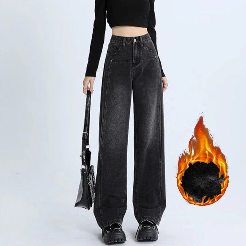 Woman New High Waist Vintage Thicken Jeans Female Casual High Street Thermal Flare Pants Girls Fashion Black Grey Denim Trousers