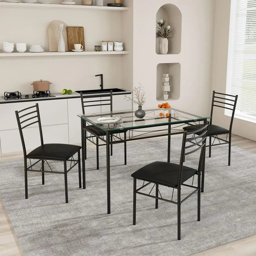 5Piece Dining Table Set for 4, Modern 3 8 Tempered Glass Kitchen Room Table with 4 Upholstered Dining Chairs, SpaceSaving Dinett