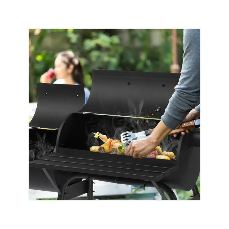 Charcoal Barrel Grill with Offset Smoker, All-Metal Outdoor BBQ with Side Table & Wheels for Garden, Patio, & Backyard