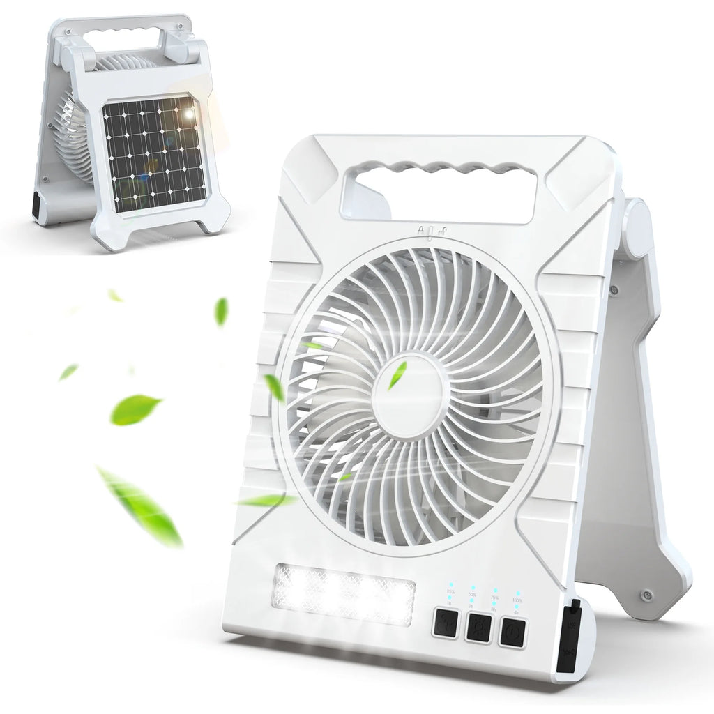 Powered Camping Solar Fan - Portable Rechargeable Handheld Fan with LED Light, Power Bank for Outdoor, Fishing, and Wild Camping