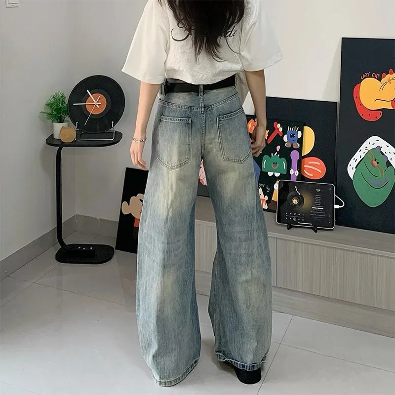 American retro new style bamboo joint old ripped jeans for men and women draped casual and versatile loose straight trousers