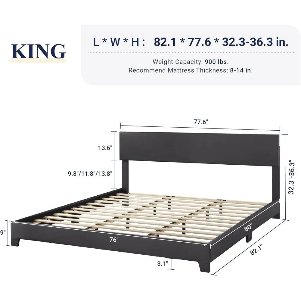 DAFIFY King Size Bed Frame Adjustable Headboard, Faux Leather Platform Bed, Wood Slats, Mattress Foundation, No Box Spring, Easy