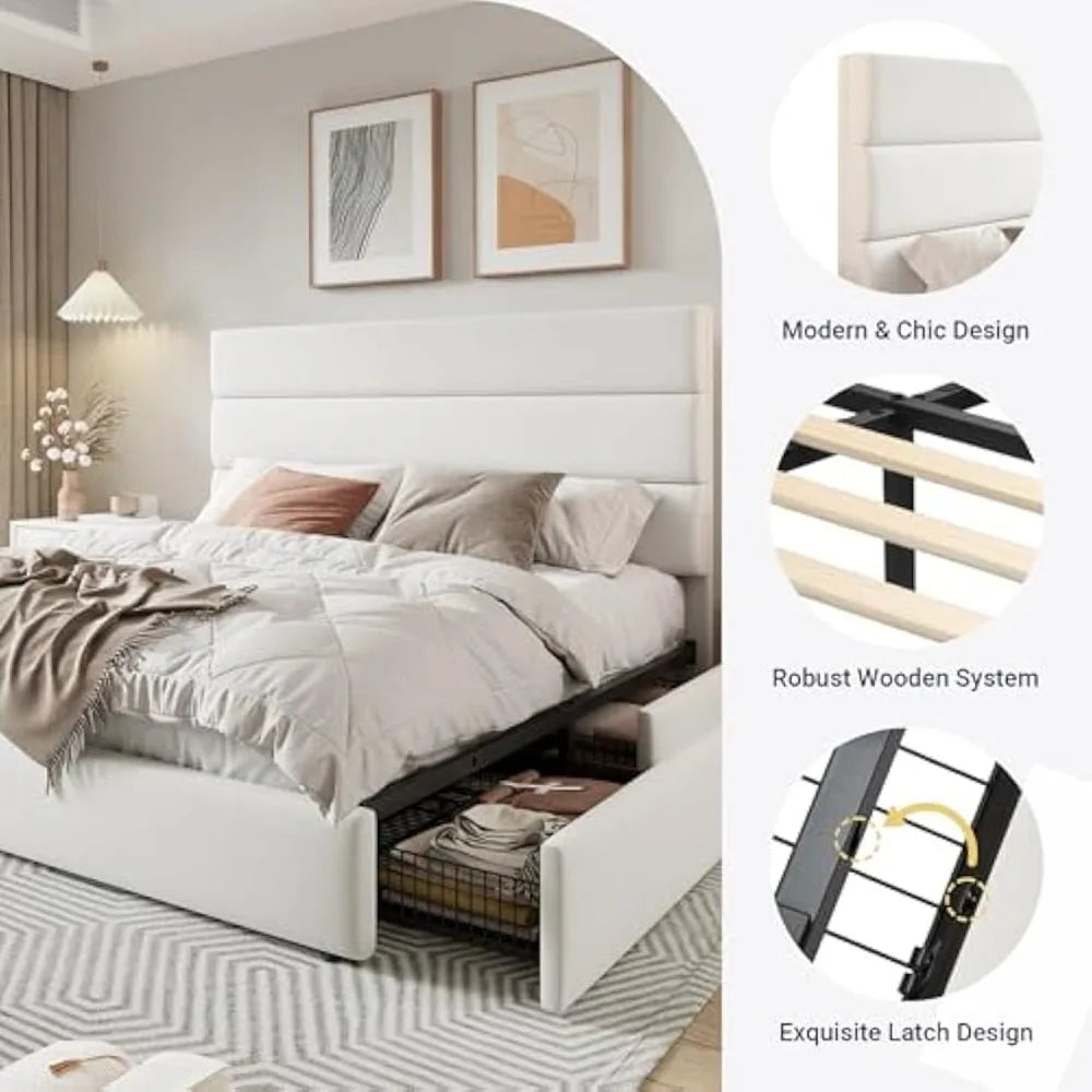 Contemporary Queen-Sized Platform Bed with Storage Drawers and Velvet Headboard, Wood Slat Support