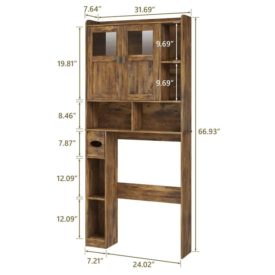 Over The Toilet Storage Cabinet, Bathroom Shelf Over Toilet with Glass Doors and Adjustable Shelves, Brown Freestanding Home Spa
