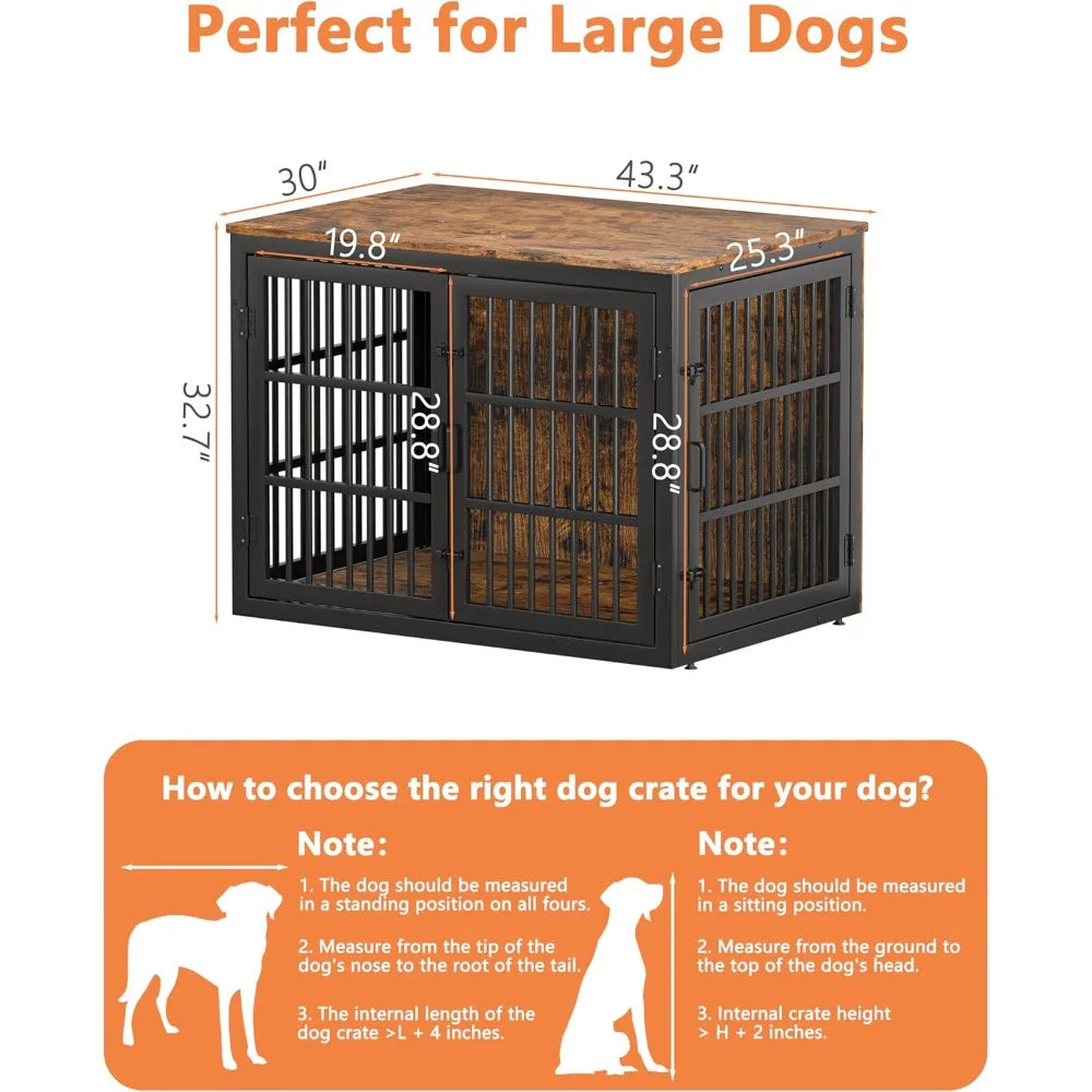 Heavy-Duty Large Dog Crate - 43.3 Indoor Metal Kennel, Indestructible for Big Dogs, Double Door Furniture