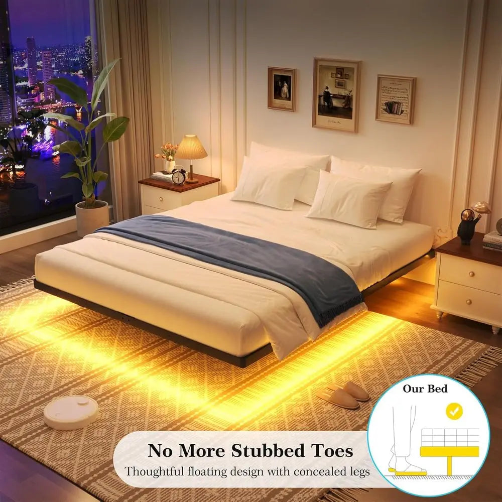 King Size Bed Frame with Smart LED Lights, Heavy Duty Modern Metal Platform Bed - Easy Assembly, Noise-Free