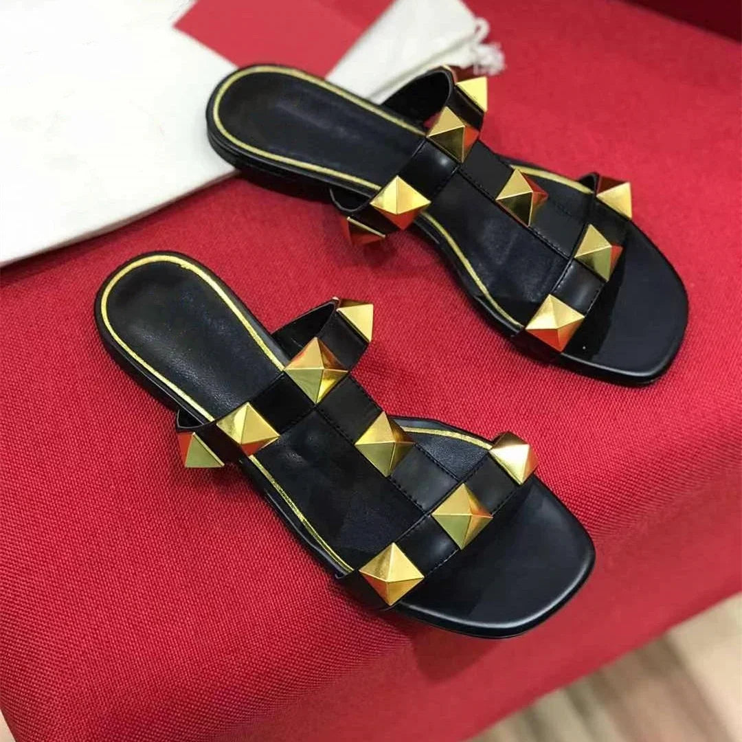 SHIYUNJIN Shoes Women Size35-42 Genuine Leather Sandals Rivet Pumps Summer Leisure Flats Buckle Strap Designer Shoes Zapatillas