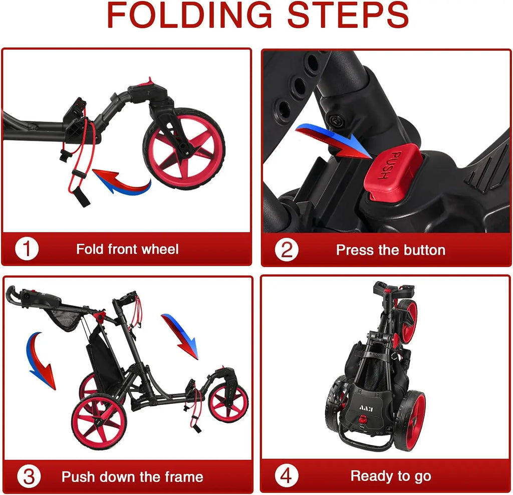 3 Wheel Golf Push Cart with 360 Rotating Front, Opens/Closes in 1 Second, Includes Free Umbrella Holder