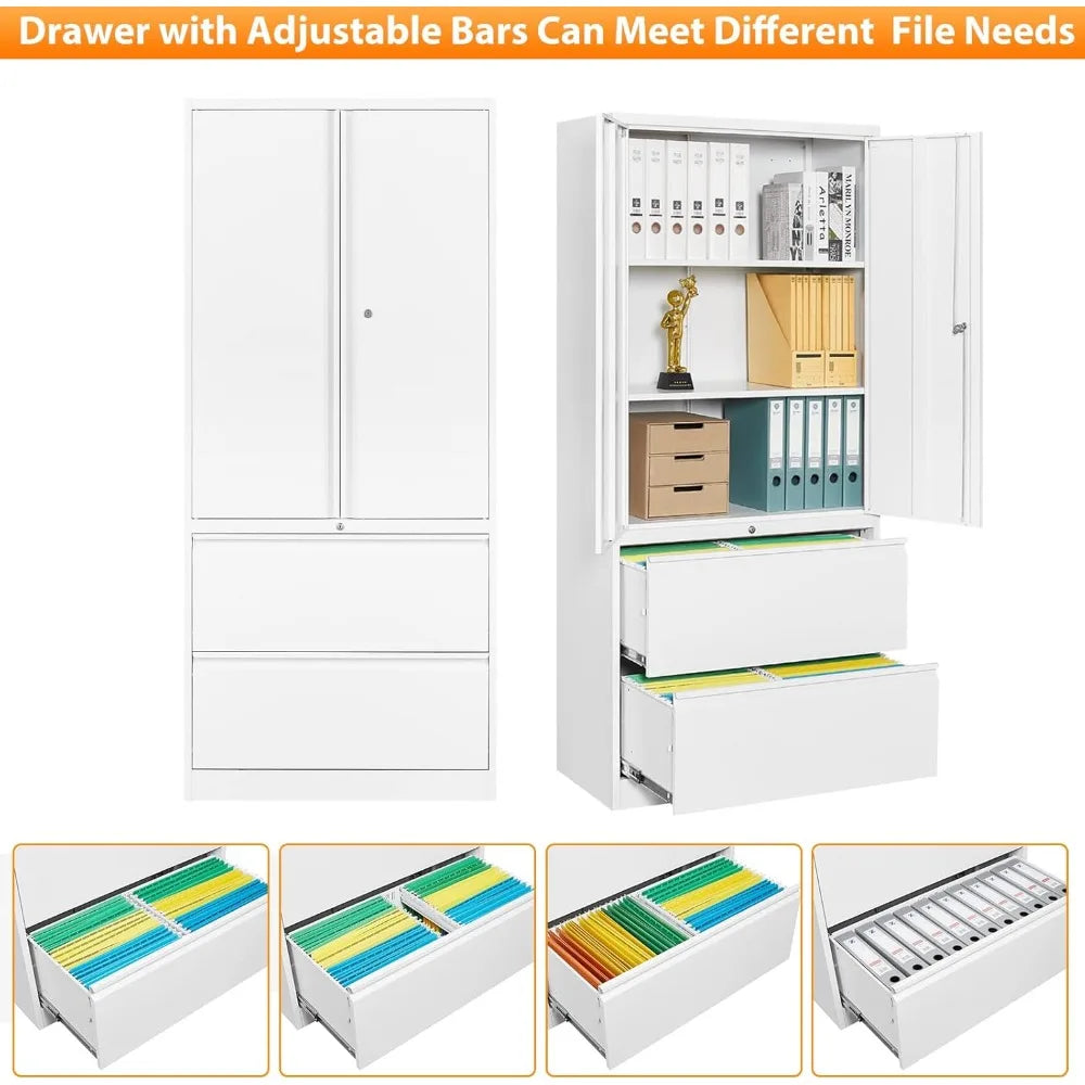Secure Metal File Cabinet with Adjustable Shelves and Dual Drawers for Home and Office Storage