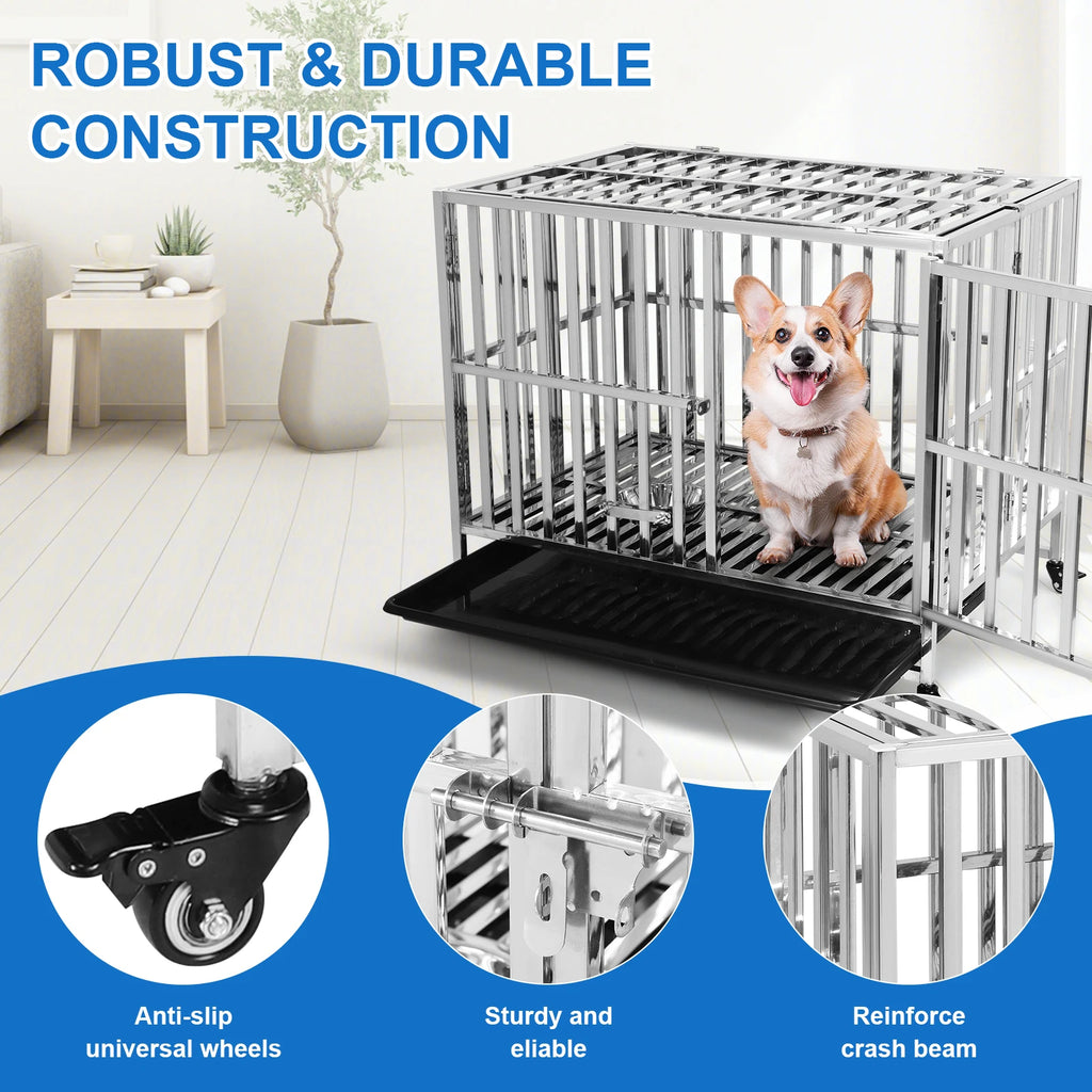 37 Inch Steel Tube Wire Drop Dog Crates with Tray Feeding Bowl Dog Crate Cage Kennel for High-Anxiety and Extra Large Dogs