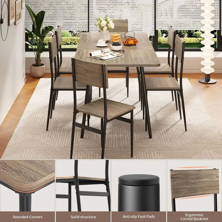 7Piece Dining Table Set for 46 People, Extendable Kitchen Table Set with 6 Chairs, Dining Room Table with Metal Frame and Solid