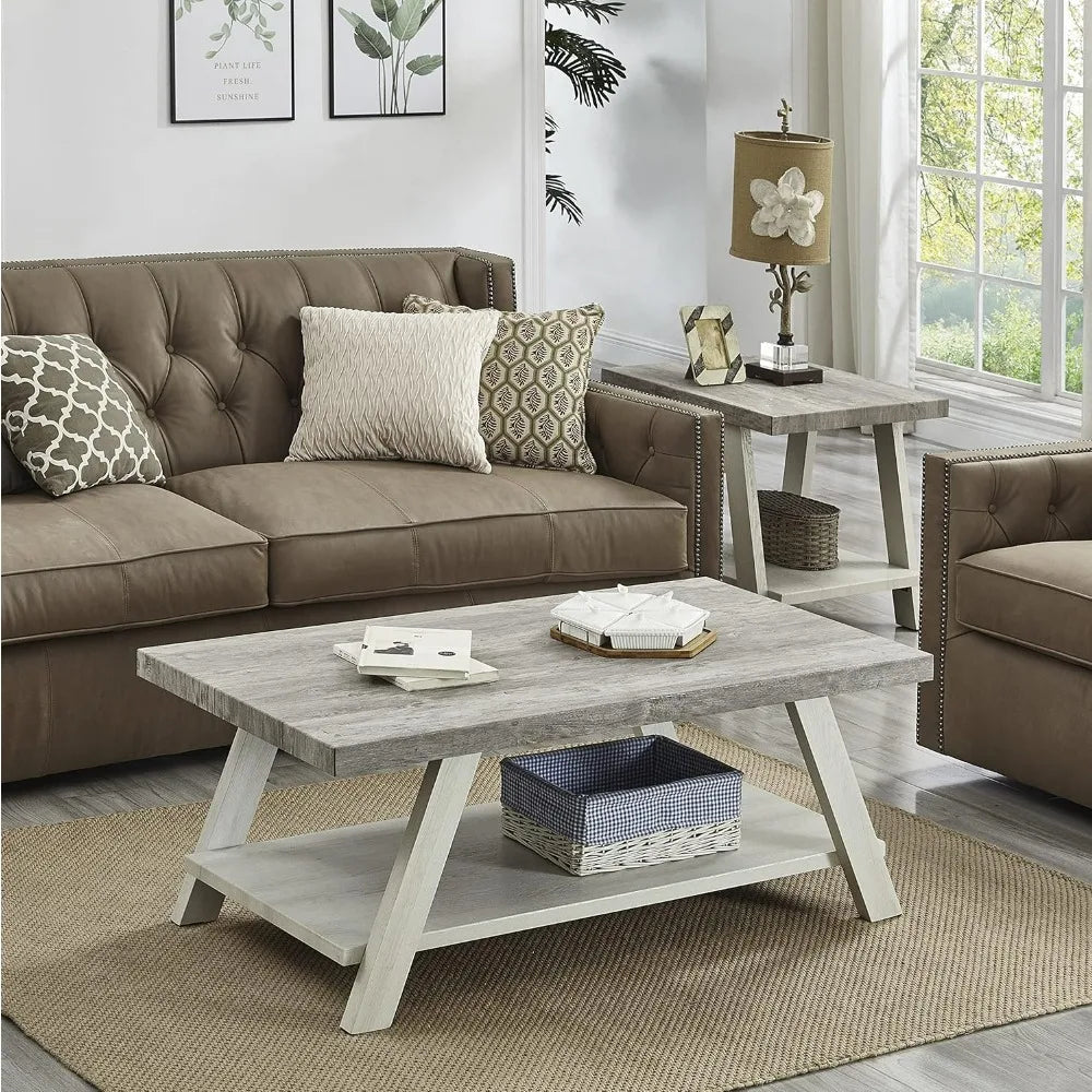 Contemporary 3-Piece Weathered Gray and Beige Wood Shelf Coffee Table Set