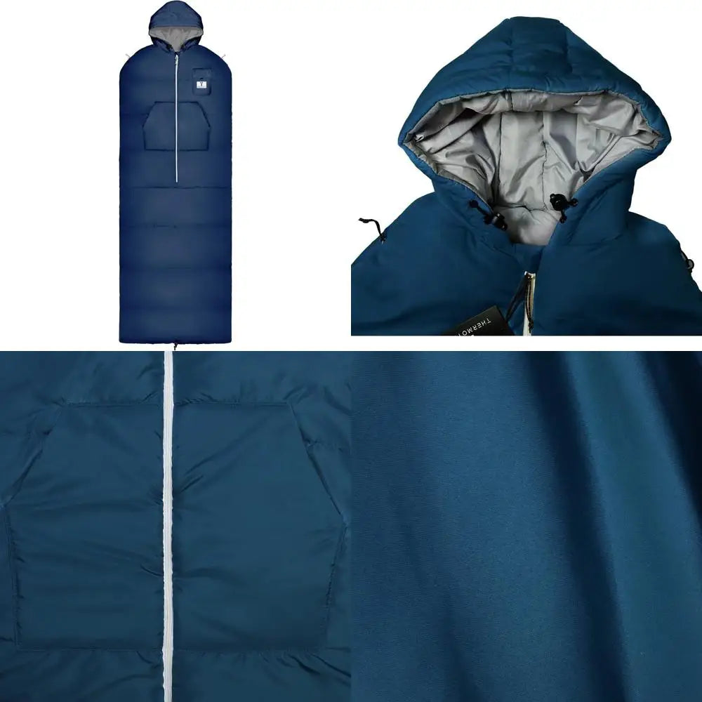 Wearable Sleeping Bag with Dual Hood, Long Sleeves, Pockets, Adjustable Drawstring - Perfect for Camping and Cold Weather Surviv