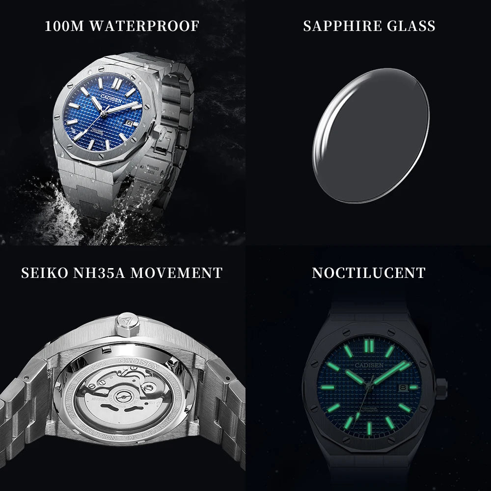 CADISEN Automatic Mens Watches Fashion Top Brand Stainless Steel Sapphire Glass Japan TMI NH35A Watch Men Mechanical Wristwatch