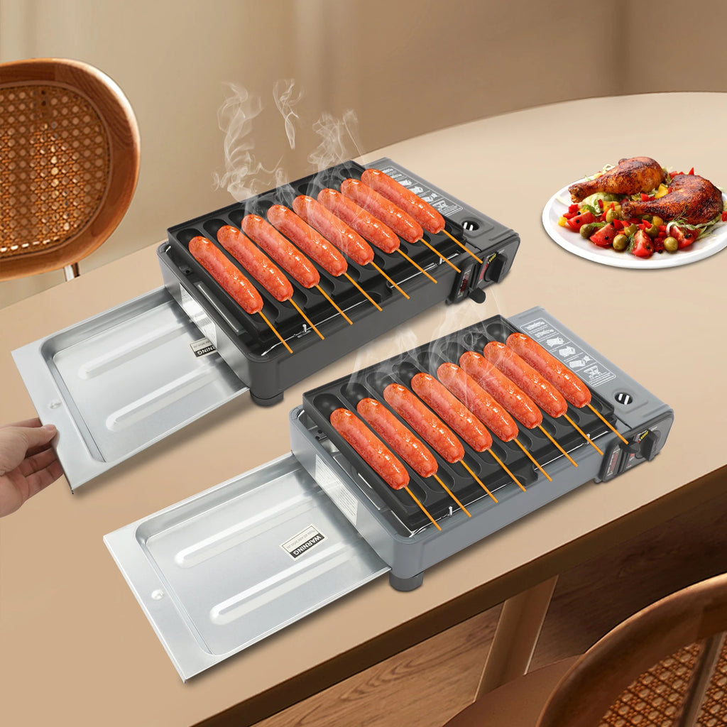 Gas Grill Stove with Sausage Grill Plate and Plastic Box Portable Camping Butane Stove Adjustable Flame for Outdoor Picnic BBQ