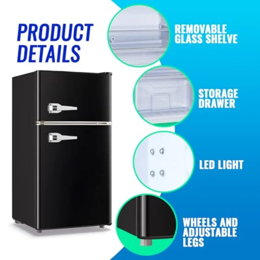 Compact Mini Refrigerator with Freezer and Double Door Design for Bedroom Office or Apartment: Adjustable Glass Shelves Plastic