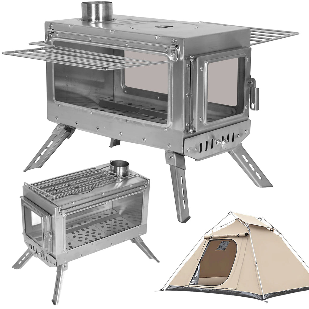 Large Tent Stove with Chimney Pipe Stainless Steel Firebox Rust Proof Outdoor Camping Wood-Burning Stove w/ Dual Glass Windows