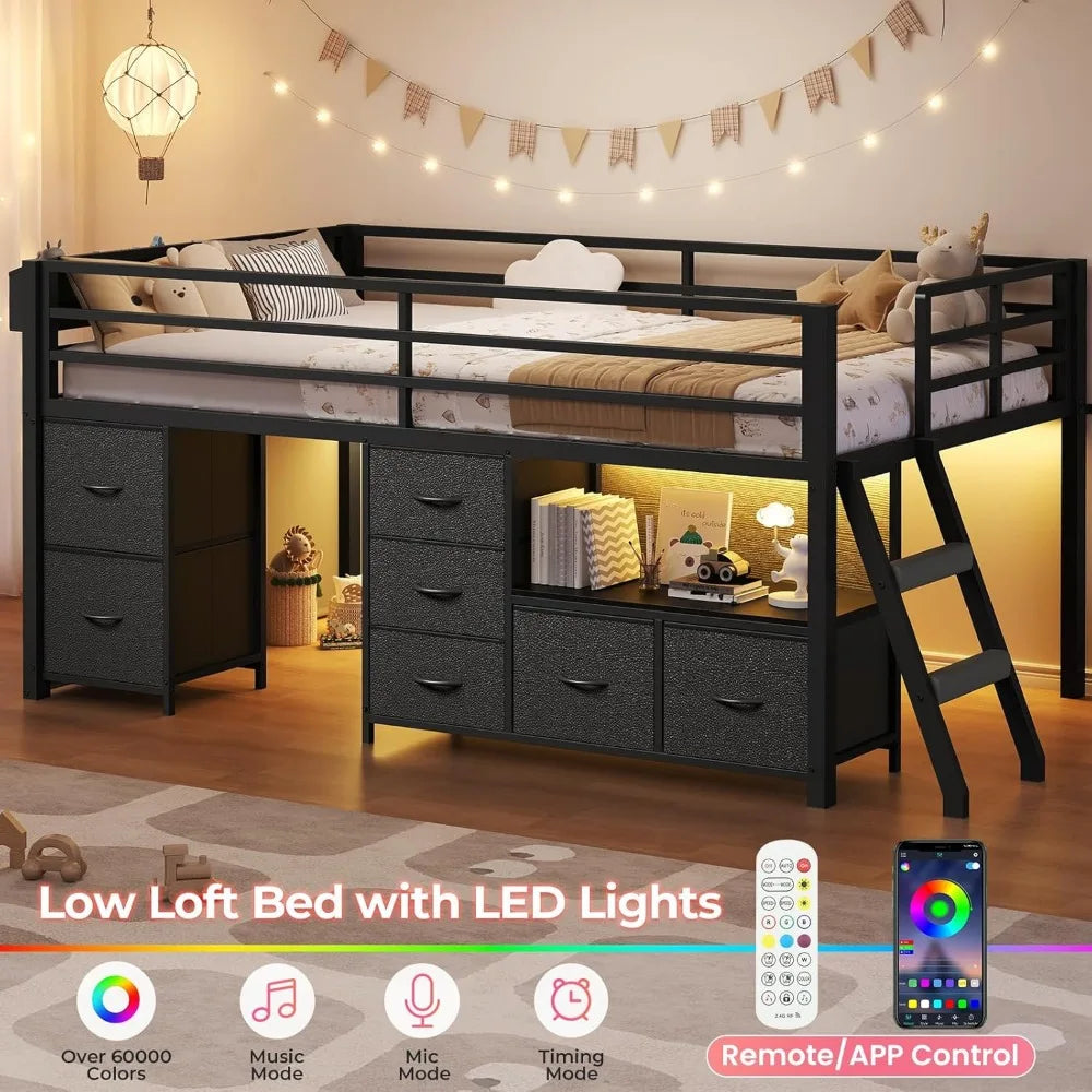Low Loft Bed Twin Size with 7 Storage Drawers, Bookcase and LED Lights, Metal Kids Loft Bed with 14" H Safety Guardrail,Incline