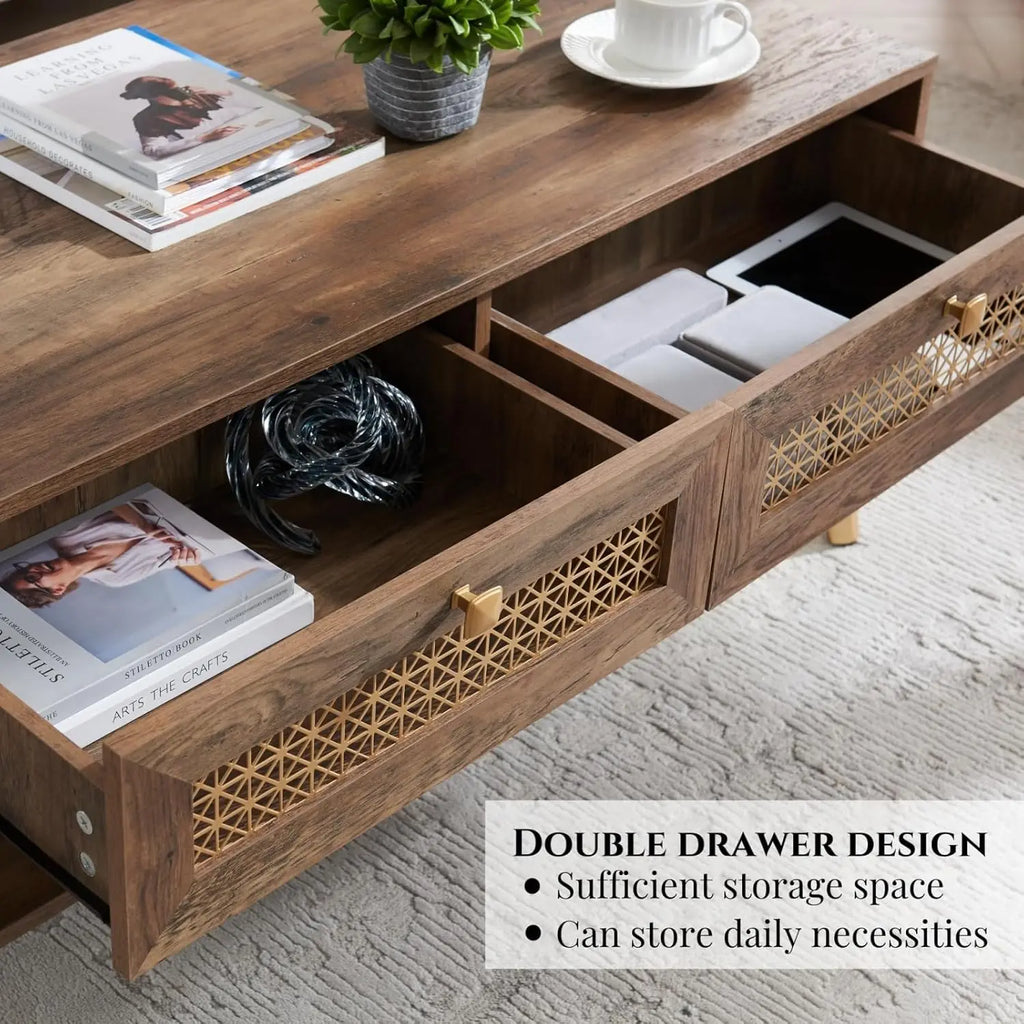 Mid Century Modern Coffee Table with Storage Drawers & Open Shelf, Solid Wooden Boho Rectangle Table