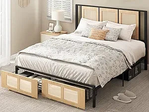 Queen Size Rattan Bed Frame with Headboard, Footboard, and Storage Drawers - Boho Style Cane Platform Bed