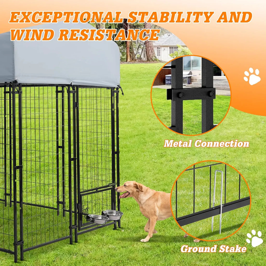 8x4x6 FT Outside Large Dog Kennel with roof - Outdoor Heavy Duty Welded Wire Steel Dog Playpen with Rotating Bowls, Dog Run