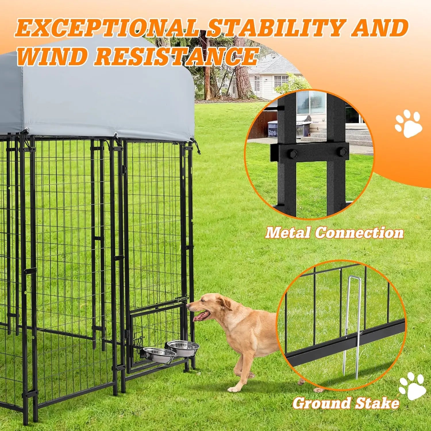 8x4x6 FT Outside Large Dog Kennel with roof - Outdoor Heavy Duty Welded Wire Steel Dog Playpen with Rotating Bowls, Dog Run