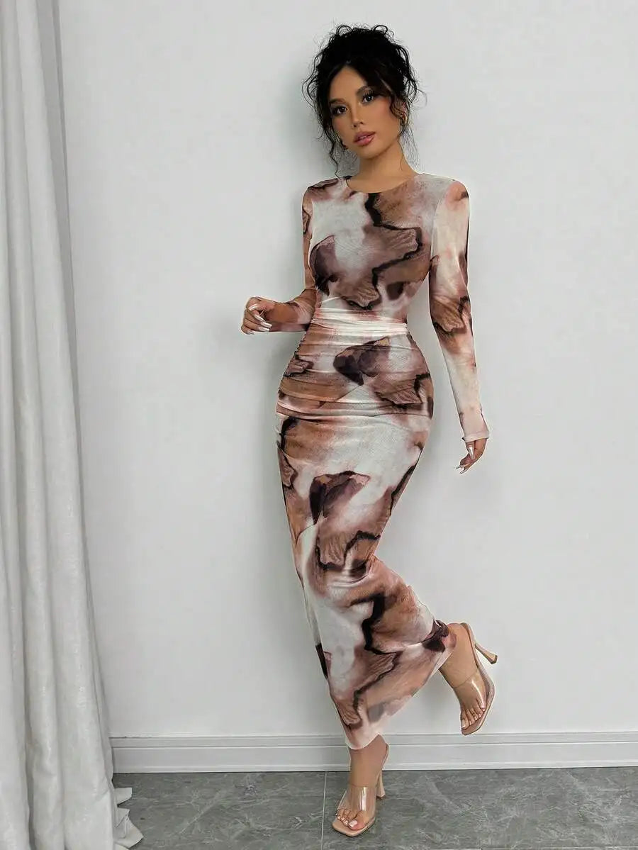 Elenzga Elegant Gradient Long Sleeve Slim Fit Women's Dress Fall Cloth For Women